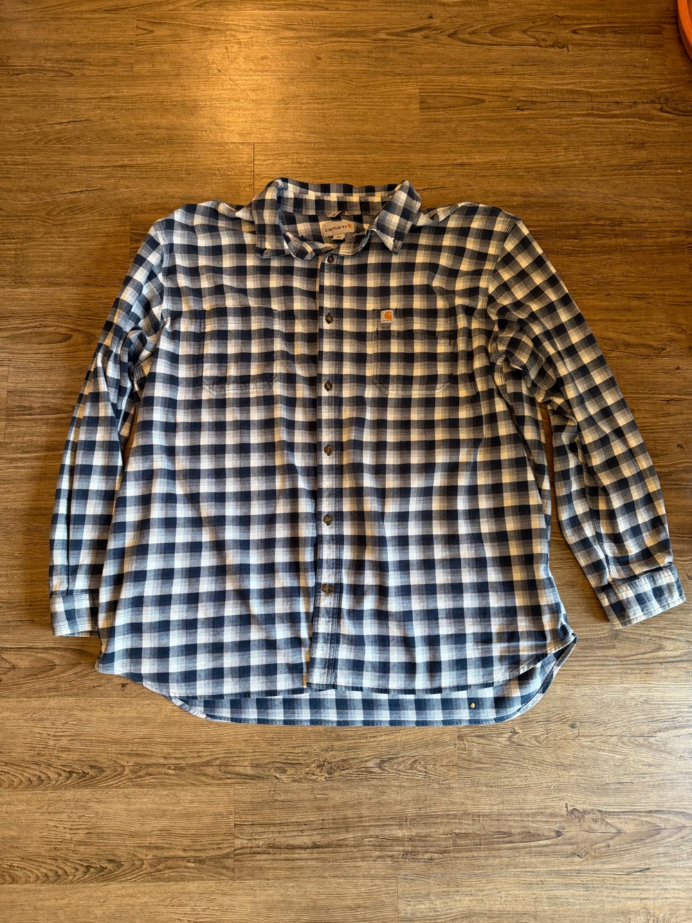 Carhartt Men’s Navy and White Plaid Button-Down Shirt